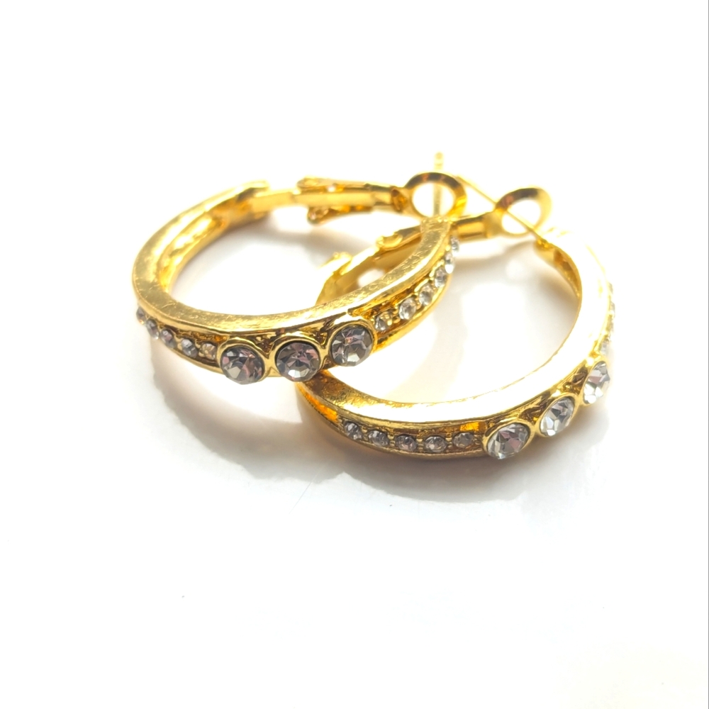 Trendy Gold Tone Graduated Size Rhinestone Pierced Hoop Post Stud Earrings